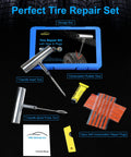 Heavy Duty Tire Repair Kit With Plugs T Handle Probe Insert Tool Glue And Case For Car Truck Motorcycle Atv On The Fly Flat Fixes That Are Dang Sure Working Slick Road Rescue Kit with tools and accessories displayed.