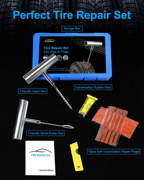 Heavy Duty Tire Repair Kit With Plugs T Handle Probe Insert Tool Glue And Case For Car Truck Motorcycle Atv On The Fly Flat Fixes That Are Dang Sure Working Slick Road Rescue Kit with tools and accessories displayed.