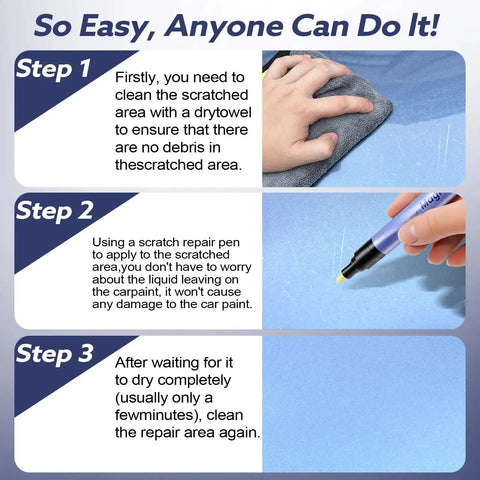 Steps showing use of Car Scratch Repair Pen All Colors Universal Quick Fix For Scratches Swirl Marks And Scuffs Easy DIY Paint Restoration Kit