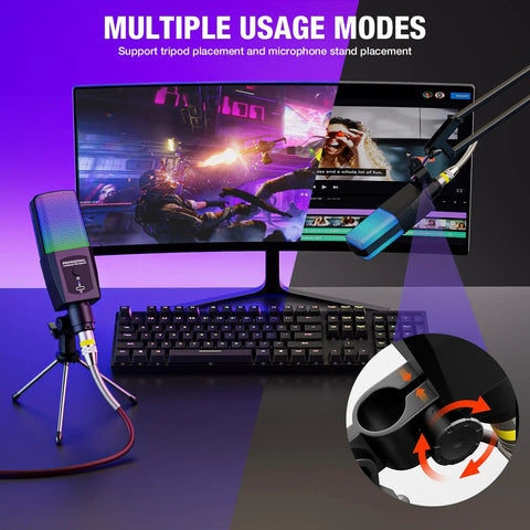 Condenser Microphone With RGB Lighting For Gaming And Streaming, Plug And Play 3.5mm XLR on desktop with monitor and stand