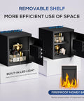Open Biometric Safe Box With Fireproof Bag, removable shelf, and built-in LED light, showcasing efficient space use and security.