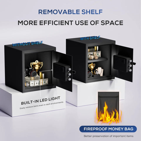 Open Biometric Safe Box With Fireproof Bag, removable shelf, and built-in LED light, showcasing efficient space use and security.