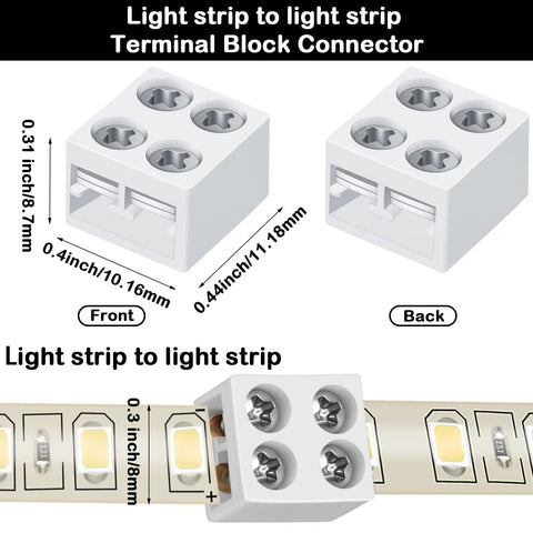 25 Pack Solderless LED Tape Light Connectors Tape To Tape Quick Screw Down Terminal Block 2 Pin For Strip Lights 0.3 Inch 8mm
