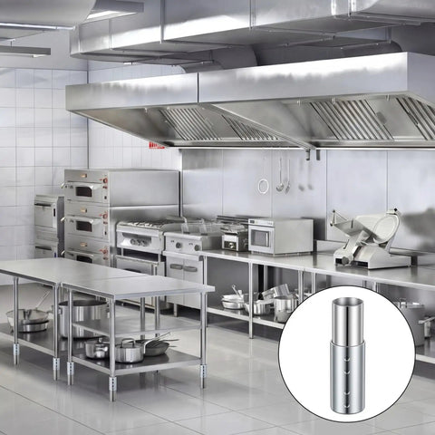 Built Tough As Nails Eight Piece 6 Inch Adjustable Table Leg Extensions Galvanized Steel displayed in a professional kitchen.