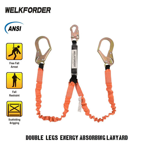 Double Leg 6 Foot Fall Protection Lanyard With Shock Absorber Stretchable Design And Snap And Rebar Hook Connectors