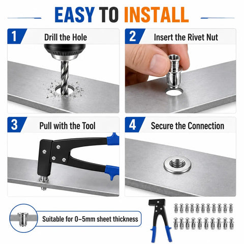 Heavy Duty Fifty One Piece Flower Nuts Screws Kit installation process, showing drill, rivet nut insertion, and securing tool.