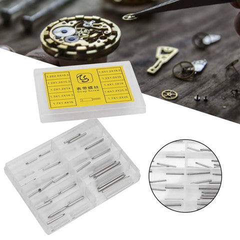 Watch Band Pins And Spring Bar Replacement Kit For Easy No Sweat Fixes Stainless Steel Pins In Two Boxes With Ten Sizes Includes Screws Durable Pro Grade Repair Kit For Watches And Straps displayed with parts and tools