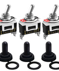 Three Pack Heavy Duty Toggle Switches 16A 250V AC SPST Two Pin Momentary On Off With Waterproof Metal Boot Cap Cover Model KL-B112MZ