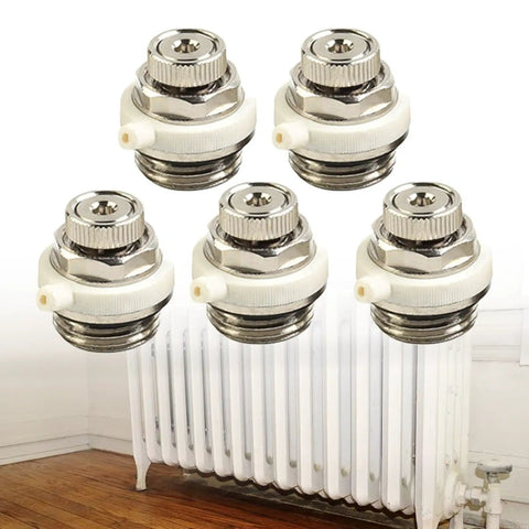 Automatic Half Inch Air Vent Radiator Valve With Auto Cut Off And Self Bleed For Heating Systems Pack Of 5 in front of radiator