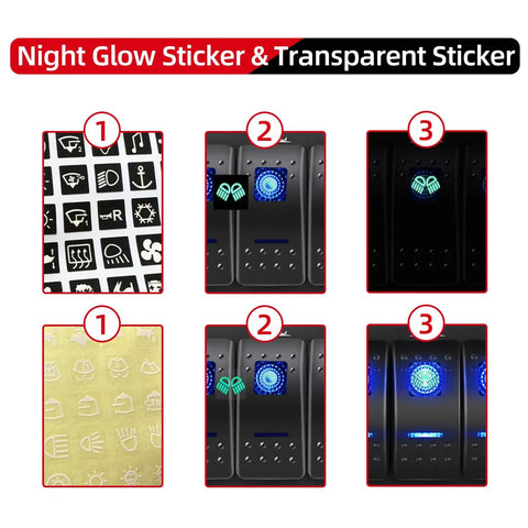Waterproof Marine Four Gang Rocker Switch Panel with USB ports, cigarette lighter, and LED, shown with stickers.