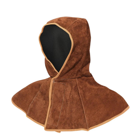 Cowhide Leather Welding Hood With Shoulder Cape Kevlar Reinforced Full Head Coverage Brown OSHA Compliant Durable Protective Helmet