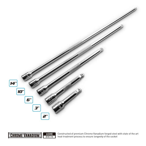 Quarter Inch Drive Wobble Extension Bar Set 5 Piece For Max Reach And Flex Lets You Turn Hard To Reach Fasteners At Angles Up To 15 Degrees With A Spring Loaded Ball Detent Capri Tools, showing different bar sizes on white background.