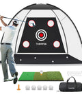 Man practicing golf with 10x7ft Golf Practice Net With Tri Turf Mat And Real Balls Multi Target Chipping Area For Backyard Swing Practice Pro Grade Durable Portable Net System For Accuracy Reusable Practice Balls Included