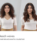 Before and after using Cordless And Corded Hair Straightener With Flexing Plates, showing natural curls and smooth beach waves.