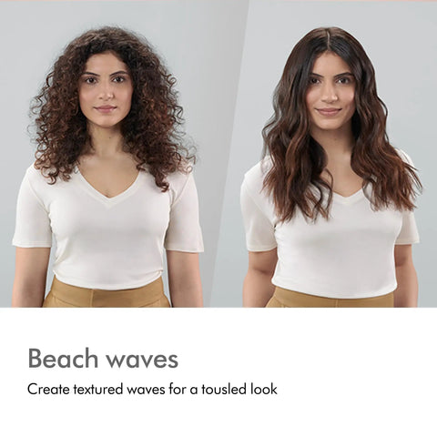 Before and after using Cordless And Corded Hair Straightener With Flexing Plates, showing natural curls and smooth beach waves.