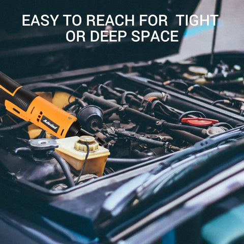 Cordless Ratchet Wrench Set 3 Eighth Inch 12V Battery Powered Tool Kit used in car engine bay for auto repair.