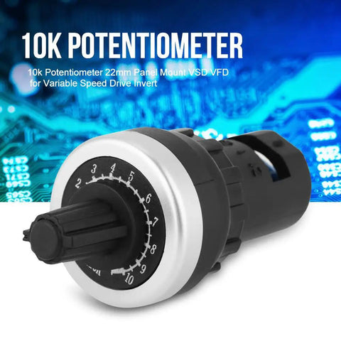 Panel Mount 10K Potentiometer For Variable Speed Drives VSD VFD Inverter Control Rotary Knob, Easy Screw Terminal Install, No Soldering Needed, Exponential D Type Adjustment For Precise Speed Tuning, 22mm black plastic knob