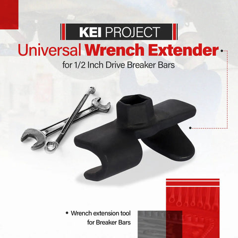 Universal Wrench Extender For Half Inch Drive Breaker Bars And 21 Millimeter Hex Drive, shown with spanners on display.