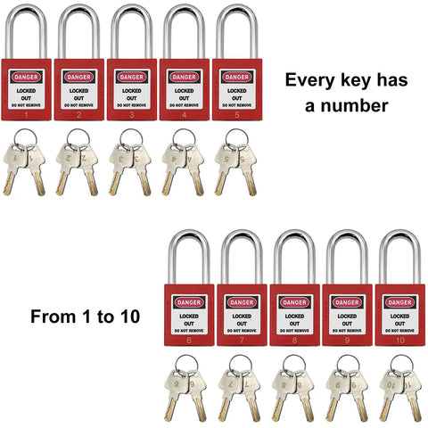 10 Pack Lockout Tagout Safety Padlocks Kit With Keyed Differently Locks And Red Tagout Tags, Durable Plastic Security Locks, OSHA Compliant