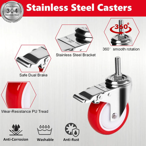 4 Inch Heavy Duty Stainless Steel Caster Wheels With Polyurethane Tread And Swivel Brake showing dual brake and smooth rotation.