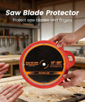 Person holding red silicone saw blade sleeve and storage for circular and table saws 10 inch protector cover keeps teeth safe