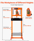 Rock Solid 12 Ton H Frame Shop Press Built Tough As Nails With Smooth Hydraulic Bottle Jack showing height adjustments and specifications.