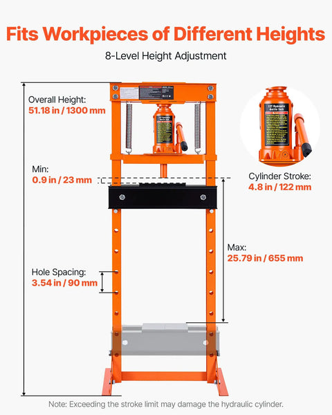 Rock Solid 12 Ton H Frame Shop Press Built Tough As Nails With Smooth Hydraulic Bottle Jack showing height adjustments and specifications.