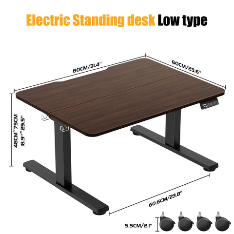 Electric Standing Desk Lifts Adjustable Height From 18.9 To 29.5 Inches With Lockable Wheels And Smooth Motor For Home Office Ergonomic Computer Desk Setup Easy One Touch Control, showing low type with dimensions.