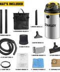 Heavy Duty Wet Dry Vacuum With 4 HP Motor, 4.5 Gallon Stainless Steel Tank, wall-mountable; includes accessories and cleaning tools.