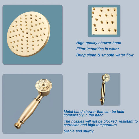 Gold Finish Rain Shower System Set With 8 Inch Rainfall Head And Handheld Spray Wall Mount Dual Function Faucet details