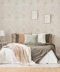 Bedroom with Pink Bohemian Damask Peel And Stick Wallpaper Removable Repositionable Boho Wall Covering For Easy DIY Decor No Glue Needed Mess Free 20.5 In By 16.5 Ft Made In The USA Great For Accent Walls And Furniture Refresh behind bed