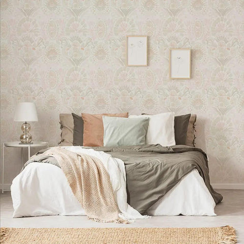 Bedroom with Pink Bohemian Damask Peel And Stick Wallpaper Removable Repositionable Boho Wall Covering For Easy DIY Decor No Glue Needed Mess Free 20.5 In By 16.5 Ft Made In The USA Great For Accent Walls And Furniture Refresh behind bed