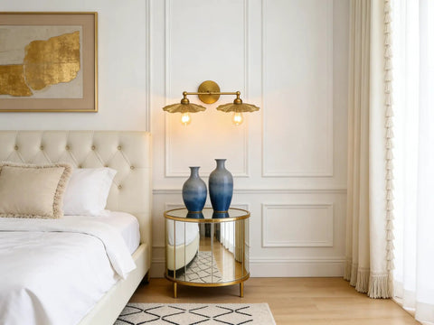 Bedroom with Two Light Industrial Metal Wall Sconces With Antique Brass Flower Ripple Shade