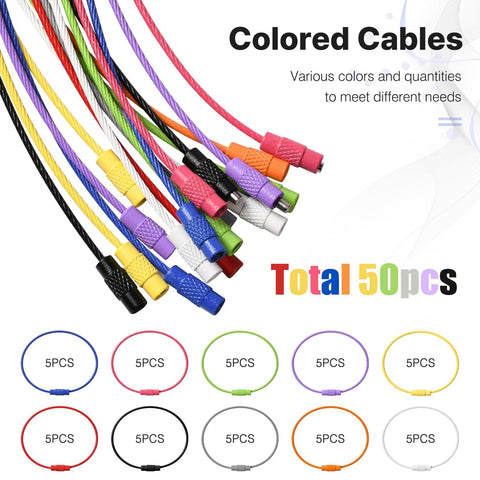 50 Pcs Colored Stainless Steel Wire Keychain Cables, 5.9 Inches Long, 1.5mm Thick, Multi Use Key Ring Loops In 10 Colors