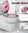 Elongated Toilet Seat for Bathroom with floral design, resin material, and stainless steel hinges on a white toilet.