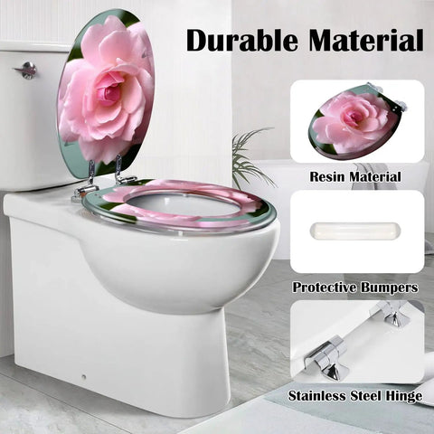 Elongated Toilet Seat for Bathroom with floral design, resin material, and stainless steel hinges on a white toilet.