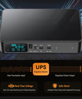 Mini UPS Power Supply Featuring 18000Mah Built In Battery Backup For Home Routers Modems And Security Cameras Equipped With Smart Lcd Display, black chassis with LCD and multiple output ports.