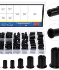 320 Piece Rivet Nuts Kit Flat Head Rivnut Inserts Black Zinc Plated Carbon Steel Assortment with multiple sizes in organizer box