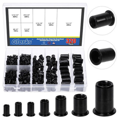 320 Piece Rivet Nuts Kit Flat Head Rivnut Inserts Black Zinc Plated Carbon Steel Assortment with multiple sizes in organizer box