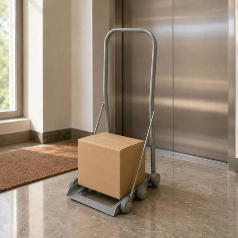 Open-Frame Hand Push Trolley With Low-Profile Base, Upright Handle, No-Fuss Easy-Roll Cart For Quick Hauls, Lightweight Utility Hand Cart For Warehouse, Shop, And Home Use beside box