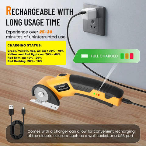 Electric Scissors With Led Light High Efficiency Brushless Motor 2000 Mah Battery showing charging status and plug connection.