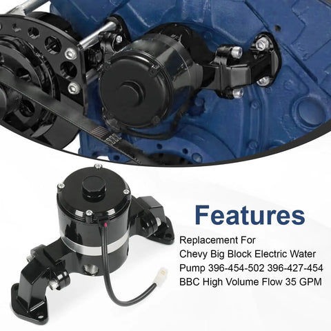 Bulletproof High Flow Electric Water Pump Setup For Big Block Chevy BBC 396 427 454 502 shown mounted with black aluminum casing.