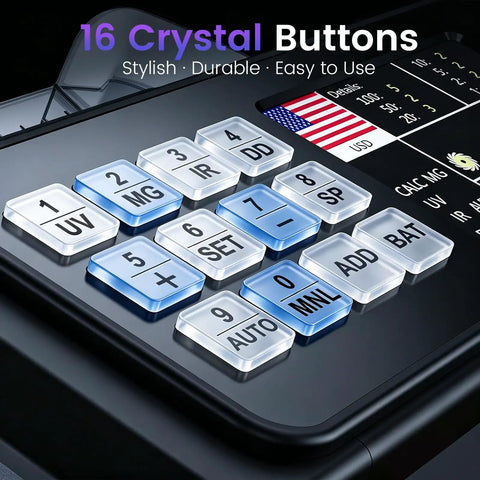 No Sweat Top Loading Digital Money Counter With Advanced Ultraviolet Infrared Anti Counterfeit Tech 16 crystal buttons for easy currency handling.