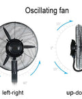 Floorstand Mist Fan With Oscillating Head And Adjustable Height showing oscillation angles for left-right and up-down directions.