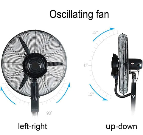 Floorstand Mist Fan With Oscillating Head And Adjustable Height showing oscillation angles for left-right and up-down directions.