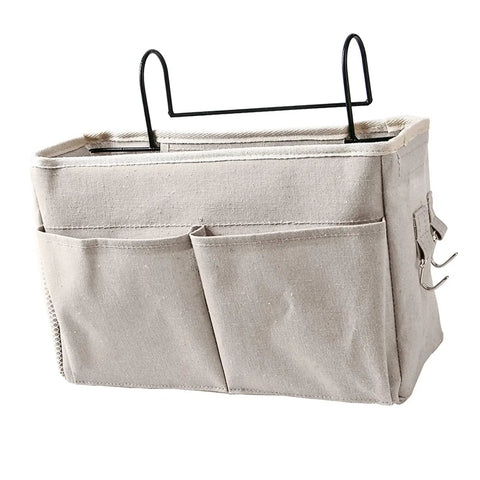 Cotton Linen Nightstand Hanging Bag With Metal Bracket And Multiple Pockets for Bunk Beds Dorm Rooms Kitchen Cabinets Organizer