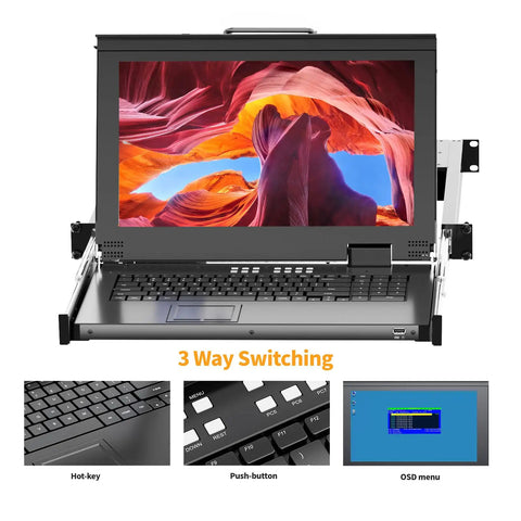 15.6 Inch HDMI KVM Console With Eight Port Switch And Hotkey Control, 1U Rackmount Server Monitor with OSD menu display.