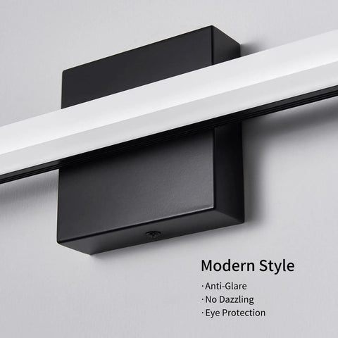 Close-up of black iron wall mount for Modern LED Vanity Lights For Bathroom, 24 inch over mirror fixtures, slim aluminum profile.