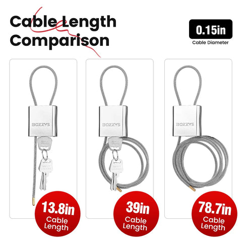 Cable length comparison for adjustable steel cable padlock with 3 keys, 3.28 feet long, weatherproof aluminum lock for bikes and gear.