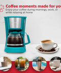 5 Cup Drip Coffee Maker In Teal, Compact Brew Boss For Home Office Or Dorm with glass carafe and white coffee cup on the side